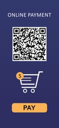 Online payment application screen showing QR code, shopping card and Pay button on blue background, illustration