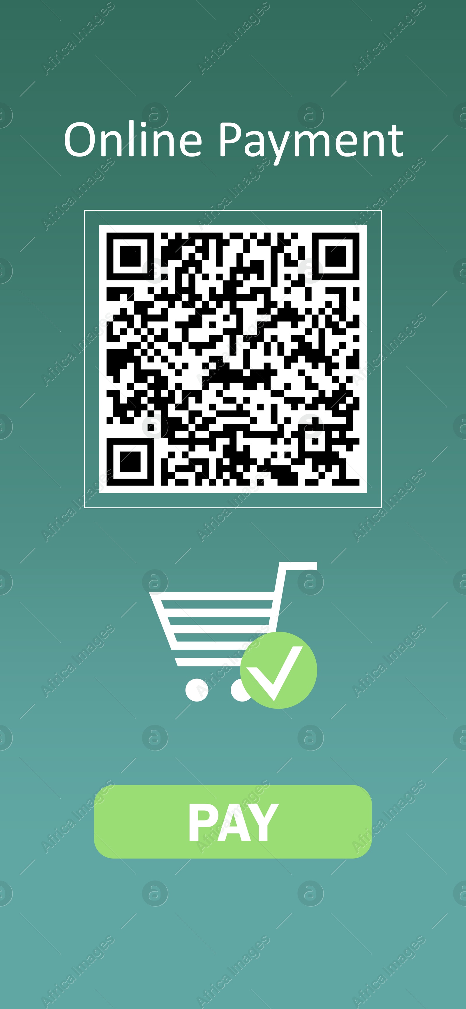 Image of Online payment application screen showing QR code, shopping card and Pay button on teal background, illustration