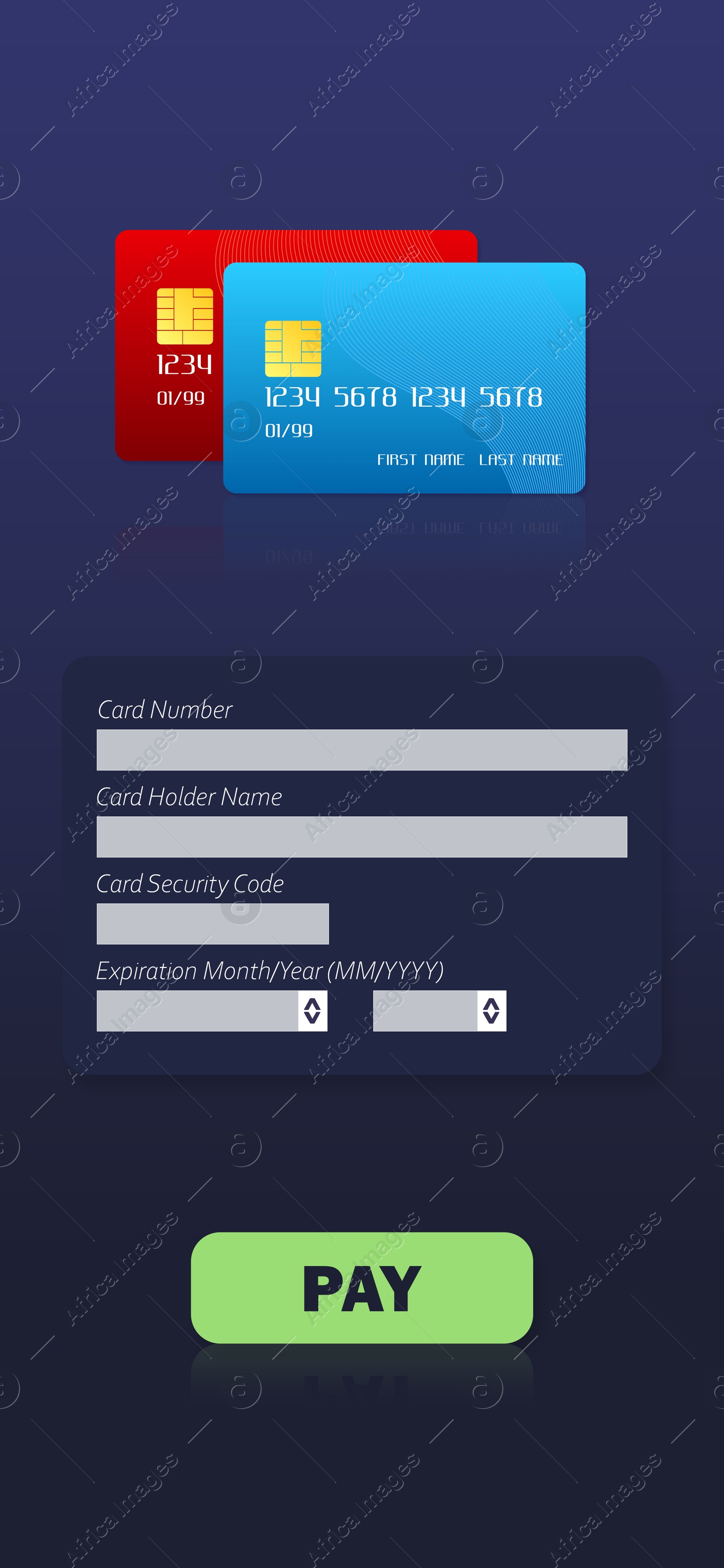 Image of Online payment application screen with data entry fields on dark blue background, illustration
