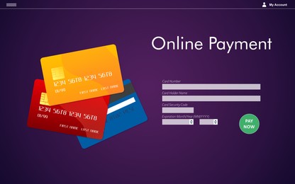 Online payment application screen with data entry fields on purple background, illustration