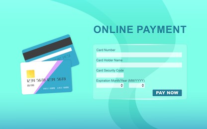 Image of Online payment application screen with data entry fields on color background, illustration