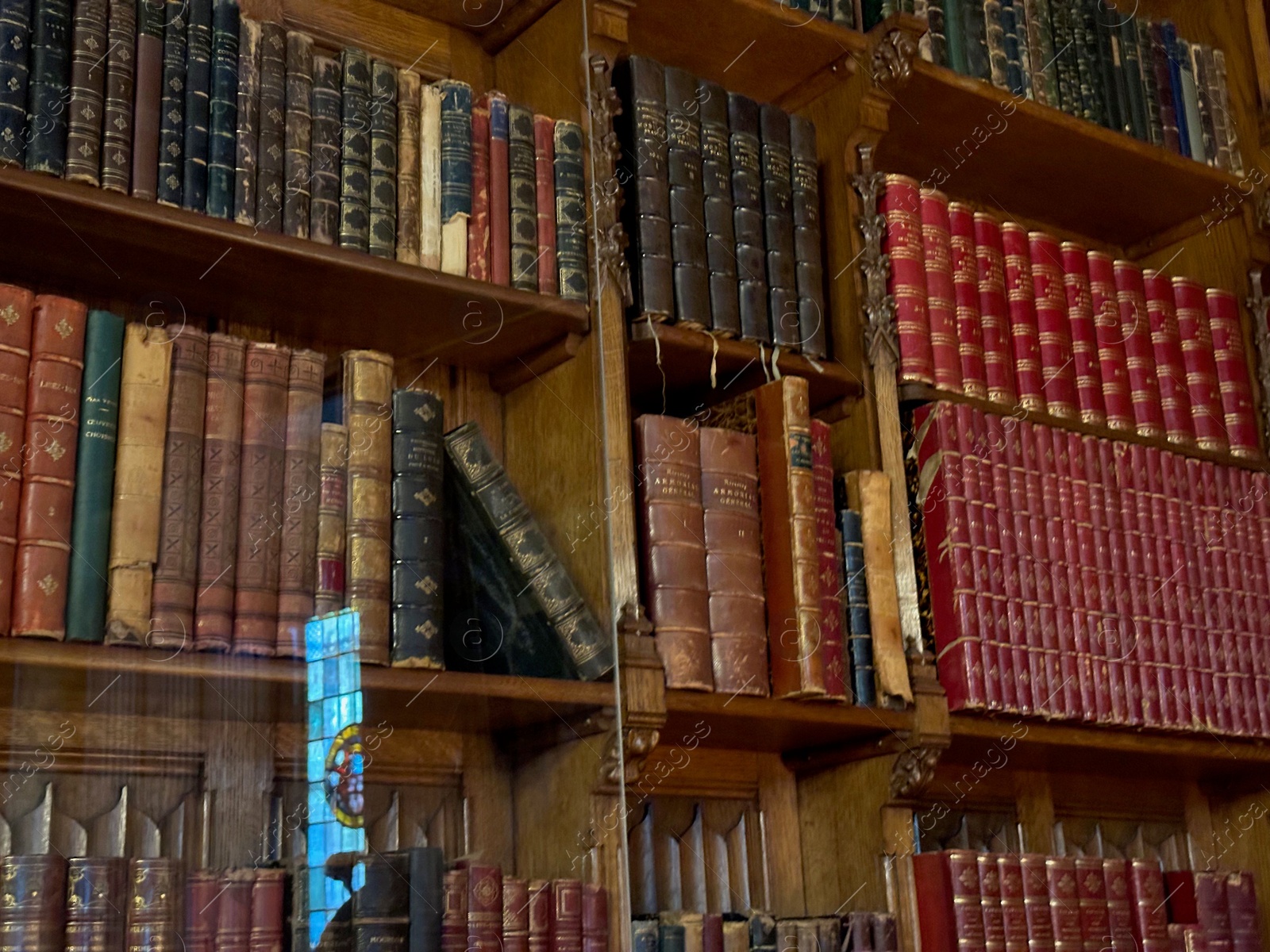 Photo of Utrecht, Netherlands - June 17, 2024: Bookcase with old books in De Haar castle, closeup