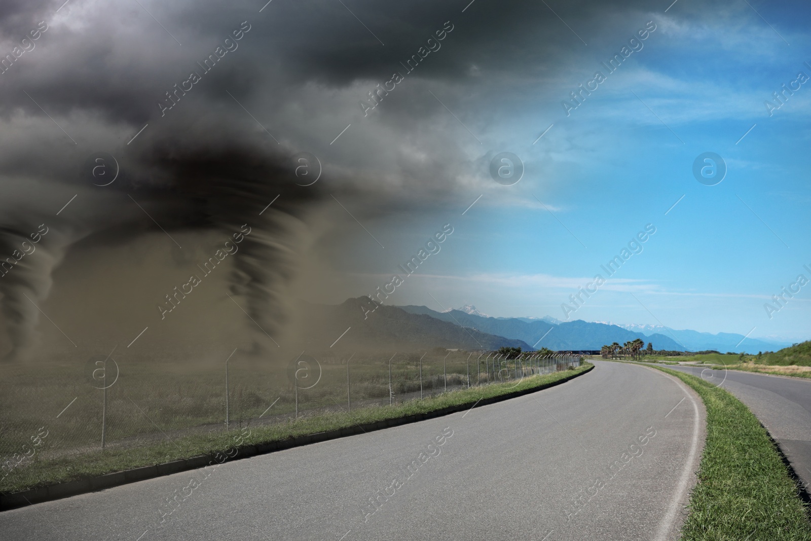 Image of Collage with mountain landscape during sunny day on one side and coming tornadoes on other. Weather changes