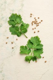 Photo of Fresh coriander leaves and dried seeds on light textured table, flat lay