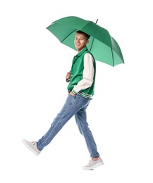 Photo of Young man with green umbrella on white background