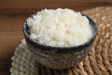 Tasty cooked rice in bowl on table, closeup