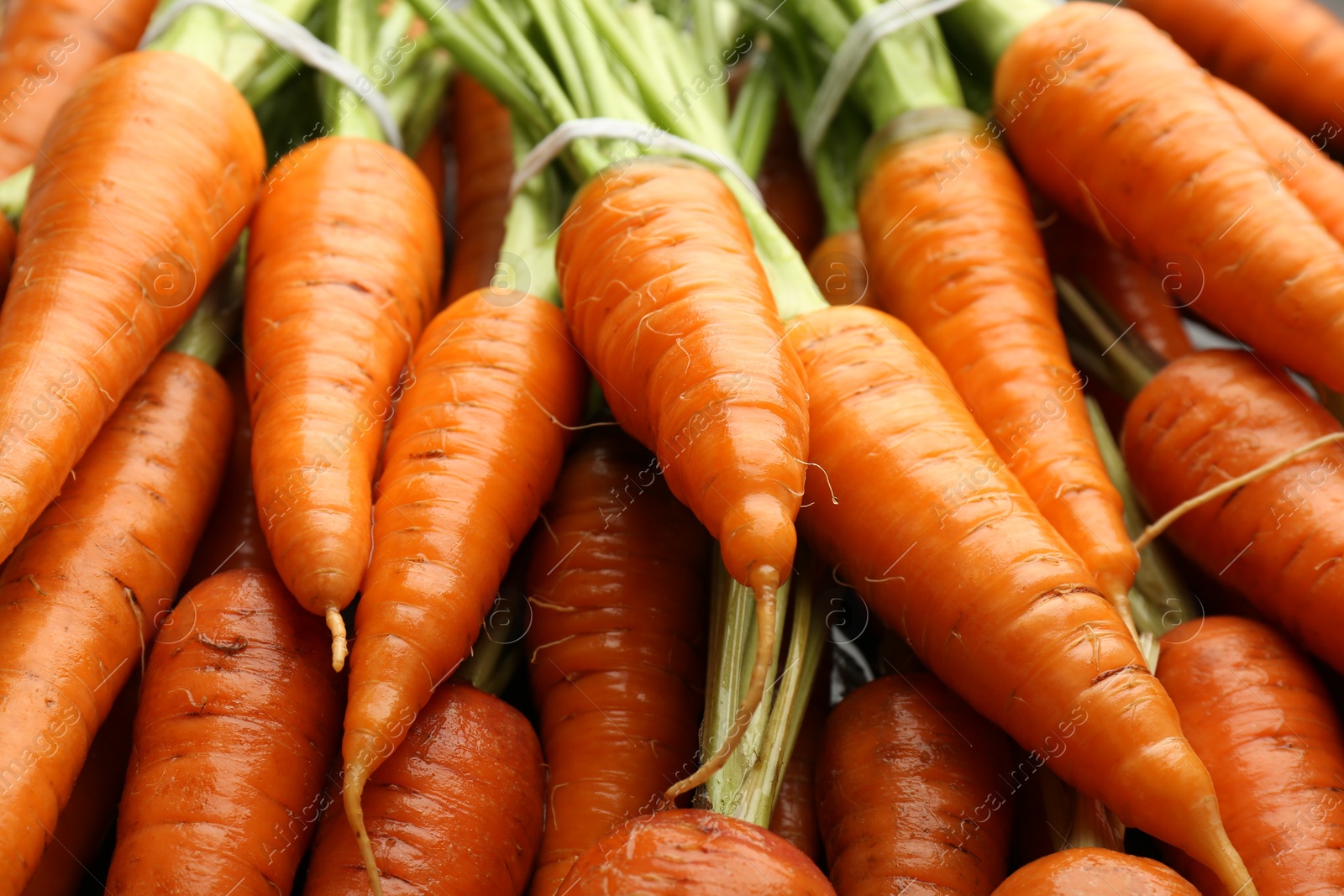 Photo of Tasty ripe juicy carrots as background, closeup