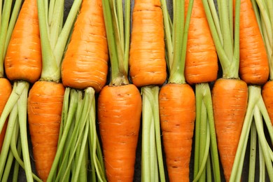 Photo of Tasty ripe juicy carrots as background, top view