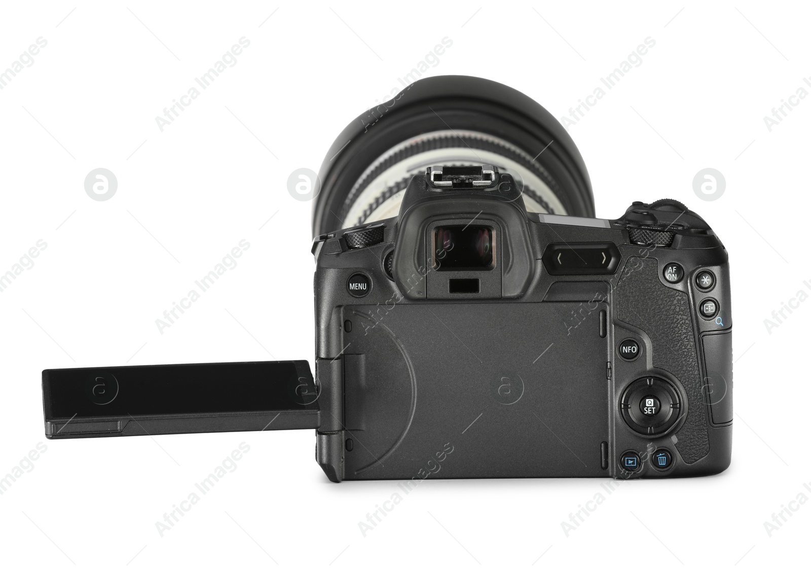 Photo of Modern camera isolated on white. Photographer's equipment