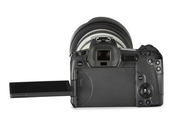 Modern camera isolated on white. Photographer's equipment