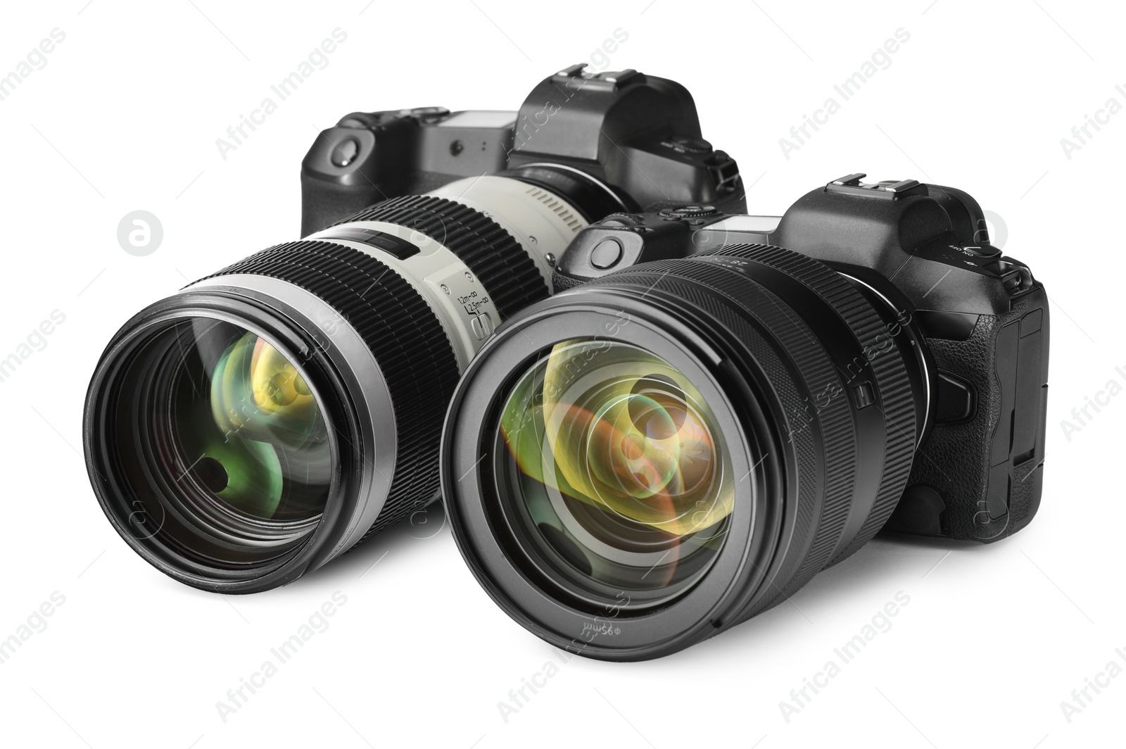 Photo of Modern cameras isolated on white. Photographer's equipment