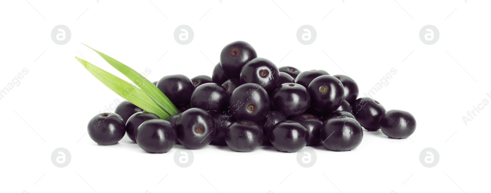 Photo of Fresh ripe acai berries and green leaves isolated on white