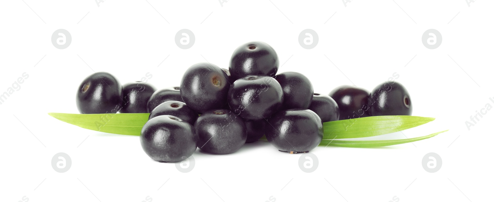 Photo of Fresh ripe acai berries and green leaves isolated on white