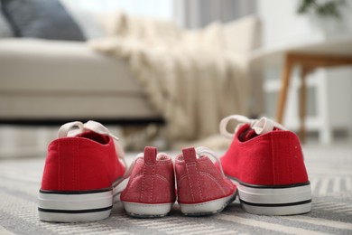 Photo of Big and small sneakers on carpet indoors