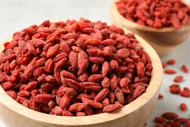 Dried goji berries in bowl on light table, closeup