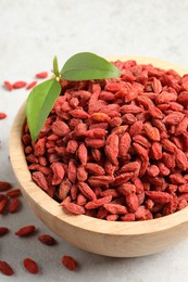 Dried goji berries and leaves in bowl on light textured table, closeup