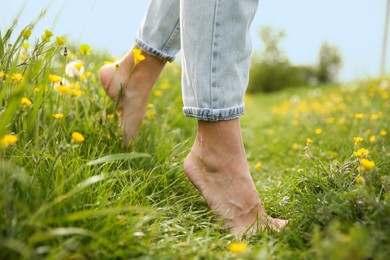 Photo of Woman walking barefoot on green grass outdoors, closeup