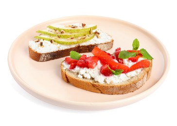 Photo of Delicious bruschettas with fresh ricotta (cream cheese), strawberry, mint and pear isolated on white