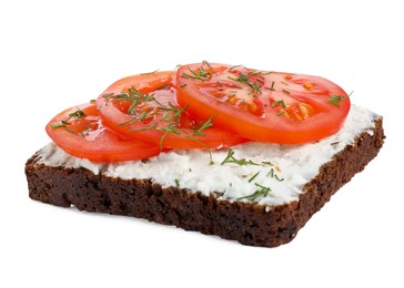 Delicious bruschetta with fresh ricotta (cream cheese), tomato and dill isolated on white