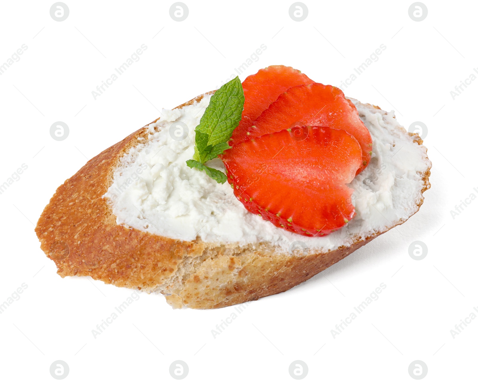 Photo of Delicious bruschetta with fresh ricotta (cream cheese), strawberry and mint isolated on white