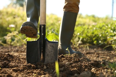 Farmer digging soil with shovel on sunny day, closeup