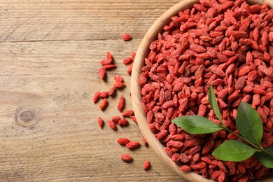 Photo of Dried goji berries and leaves in bowl on wooden table, top view. Space for text