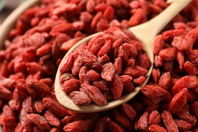 Dried goji berries and spoon, closeup view