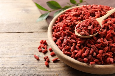 Dried goji berries in bowl and spoon on wooden table, closeup. Space for text