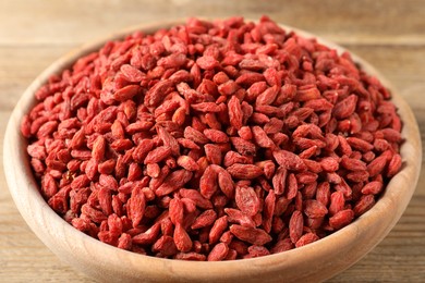 Dried goji berries in bowl on wooden table, closeup