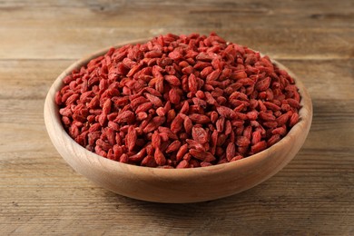 Dried goji berries in bowl on wooden table, closeup