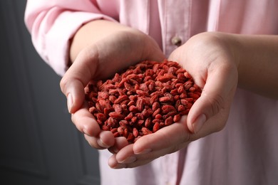 Woman holding pile of dried goji berries near grey wall, closeup