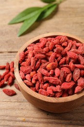 Photo of Dried goji berries in bowl on wooden table, closeup