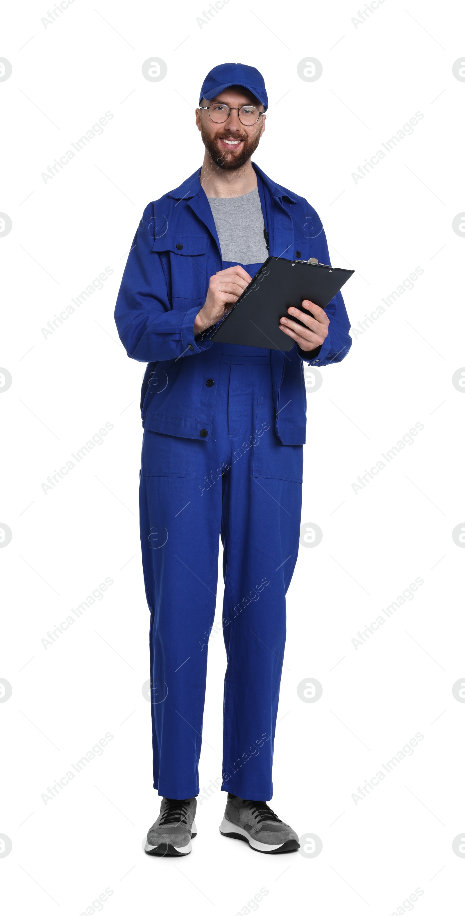 Photo of Professional auto mechanic with clipboard on white background