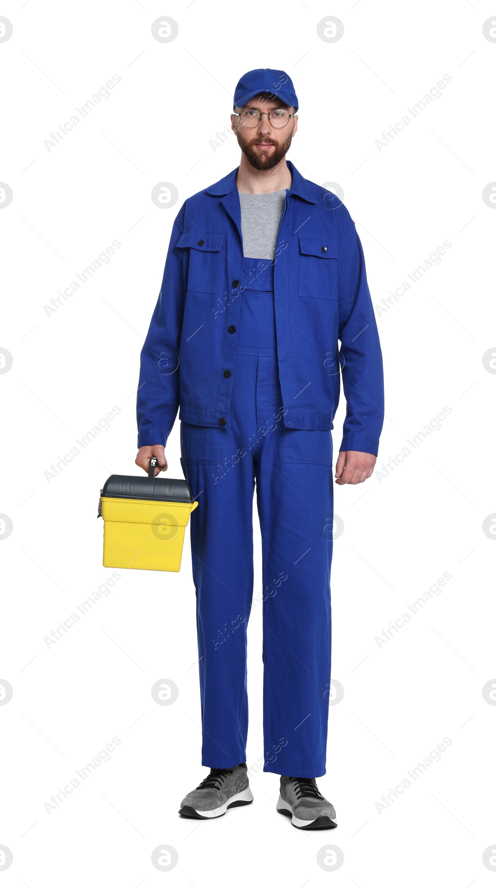 Photo of Professional auto mechanic with tool box on white background