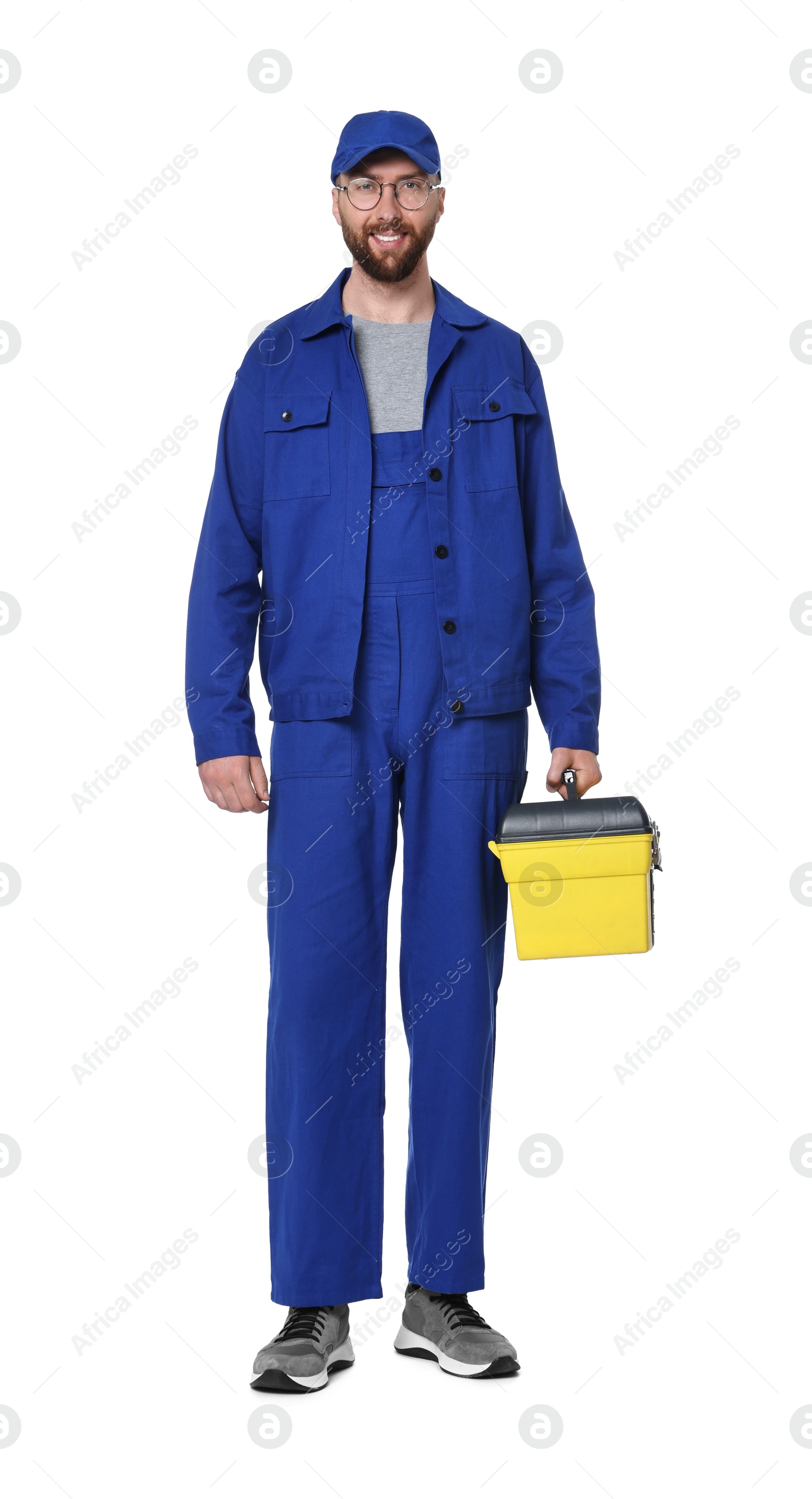 Photo of Professional auto mechanic with tool box on white background