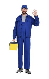 Photo of Professional auto mechanic with tool box showing OK gesture on white background
