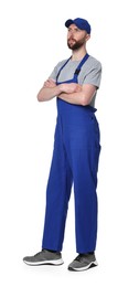 Professional auto mechanic in uniform on white background