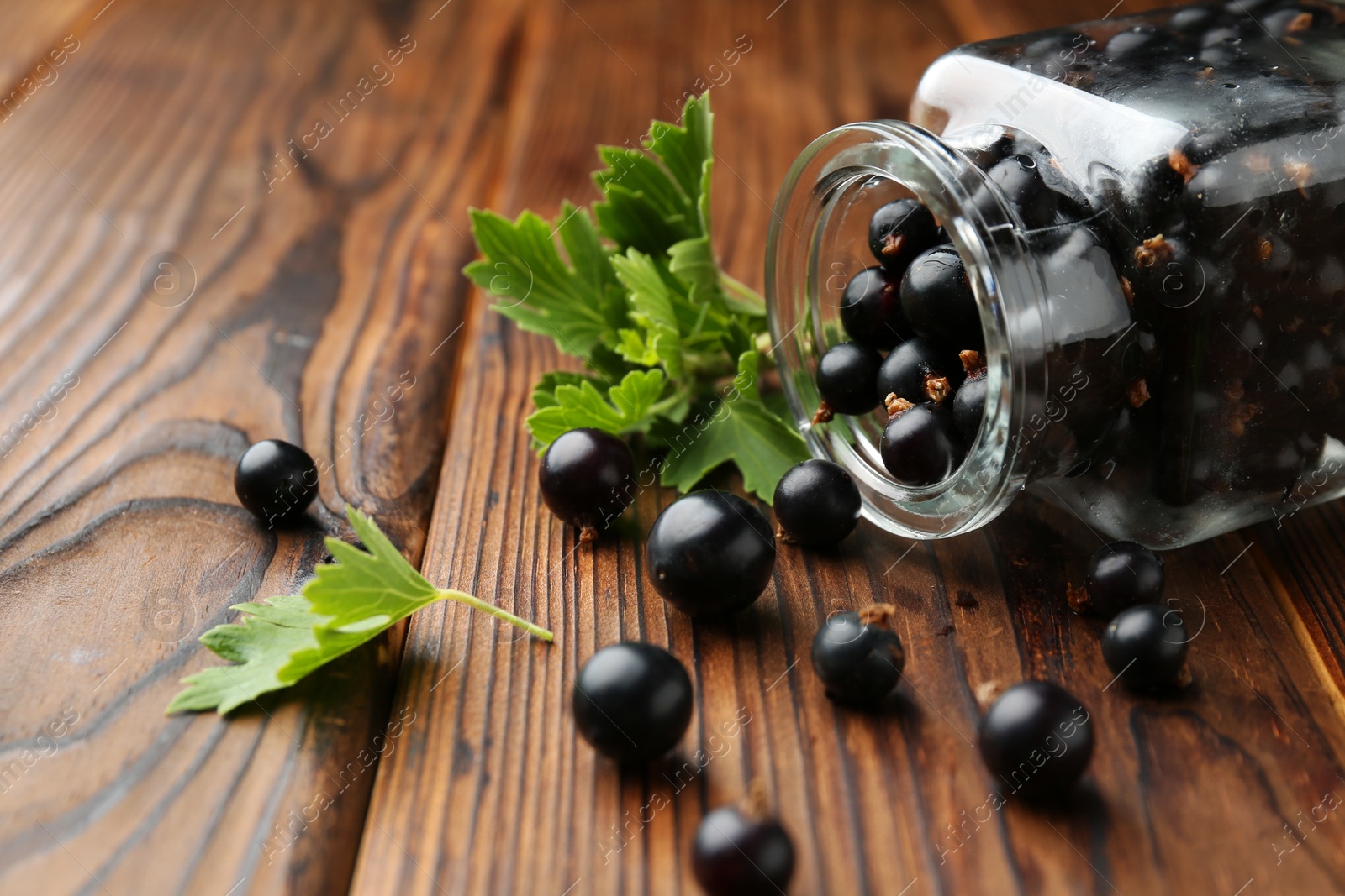 Photo of Ripe black currants and leaves in jar on wooden table, closeup. Space for text