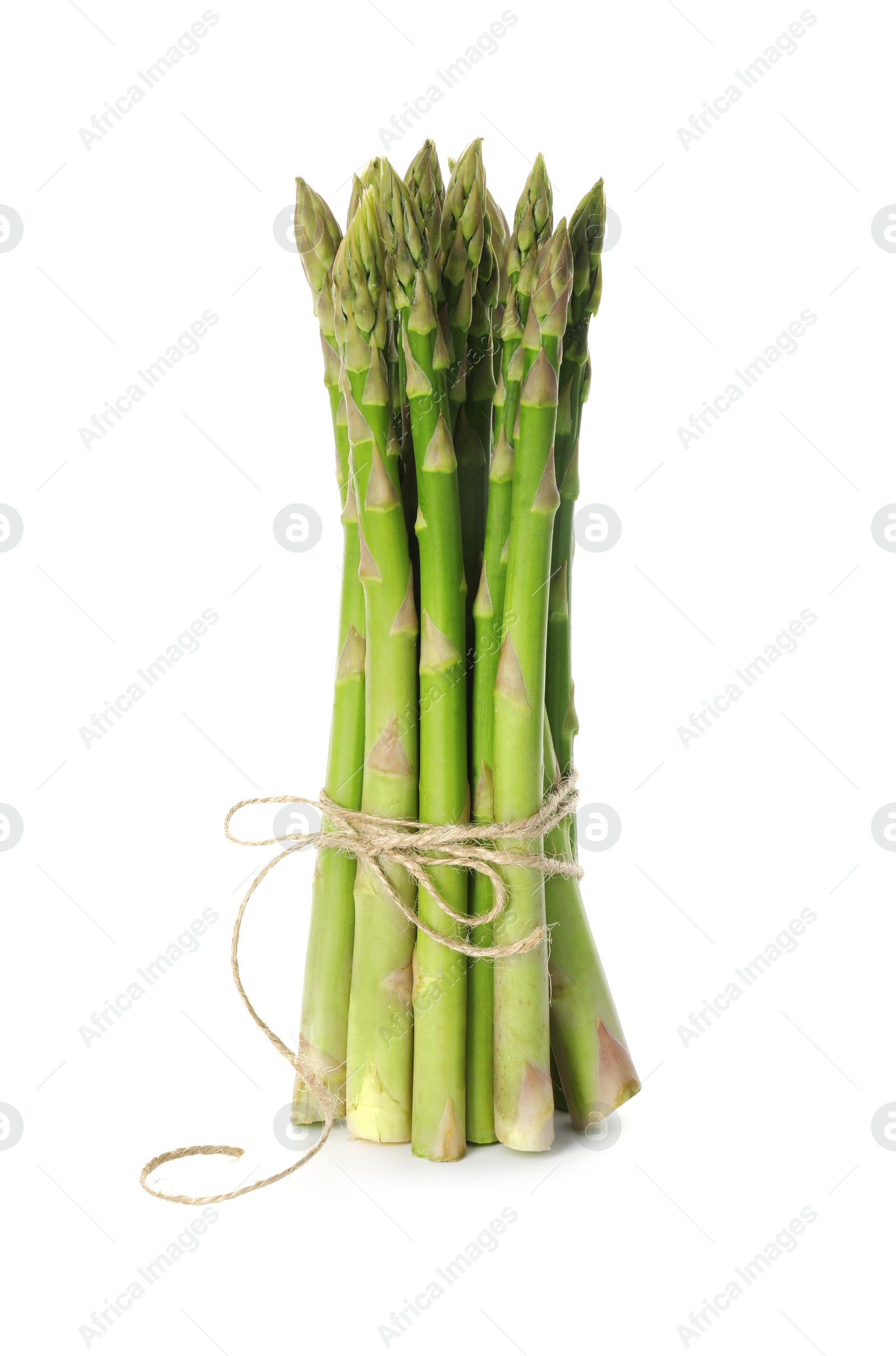 Photo of Bunch of fresh green asparagus stems isolated on white