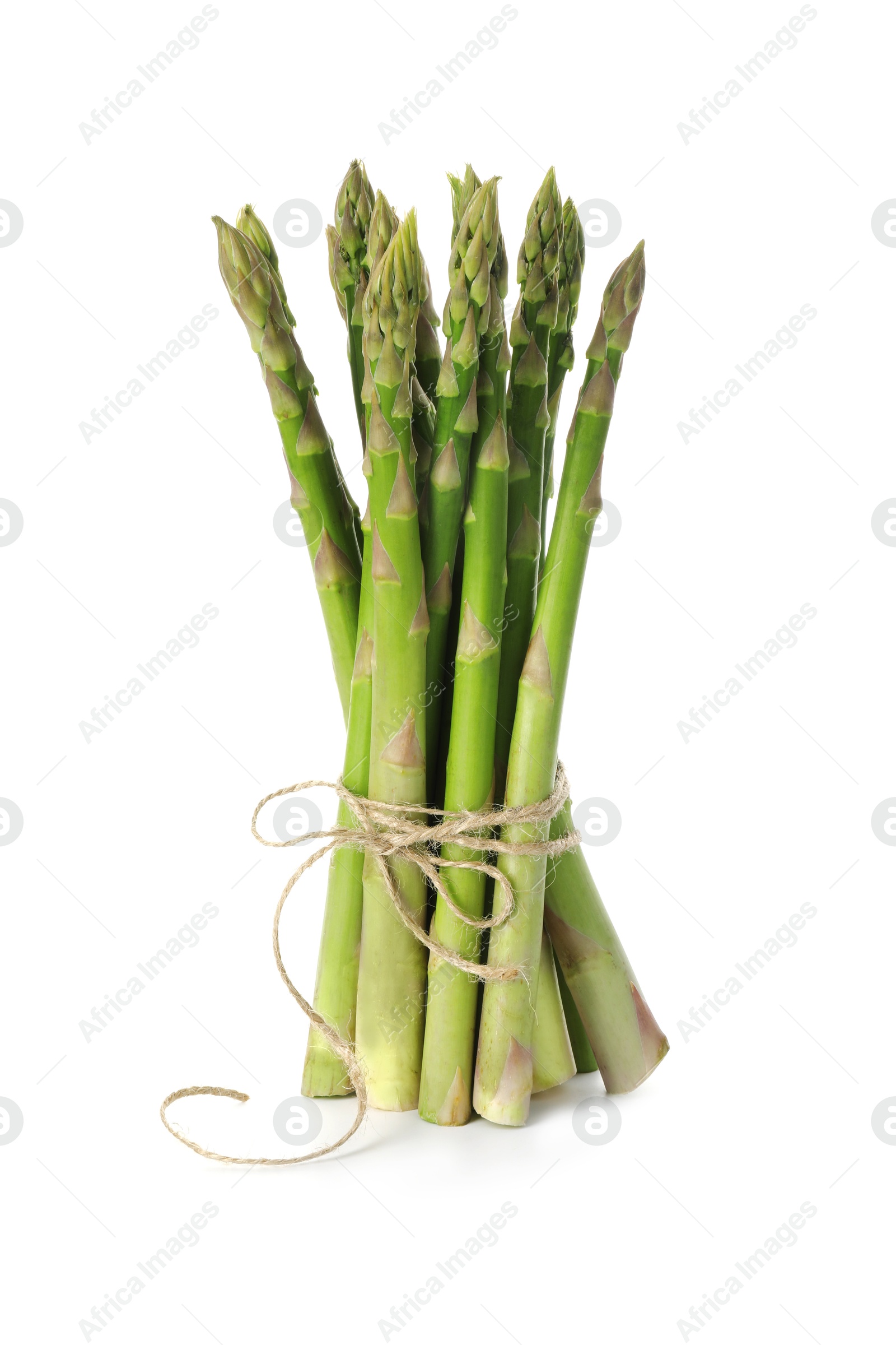 Photo of Bunch of fresh green asparagus stems isolated on white