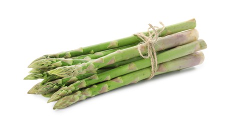 Photo of Bunch of fresh green asparagus stems isolated on white