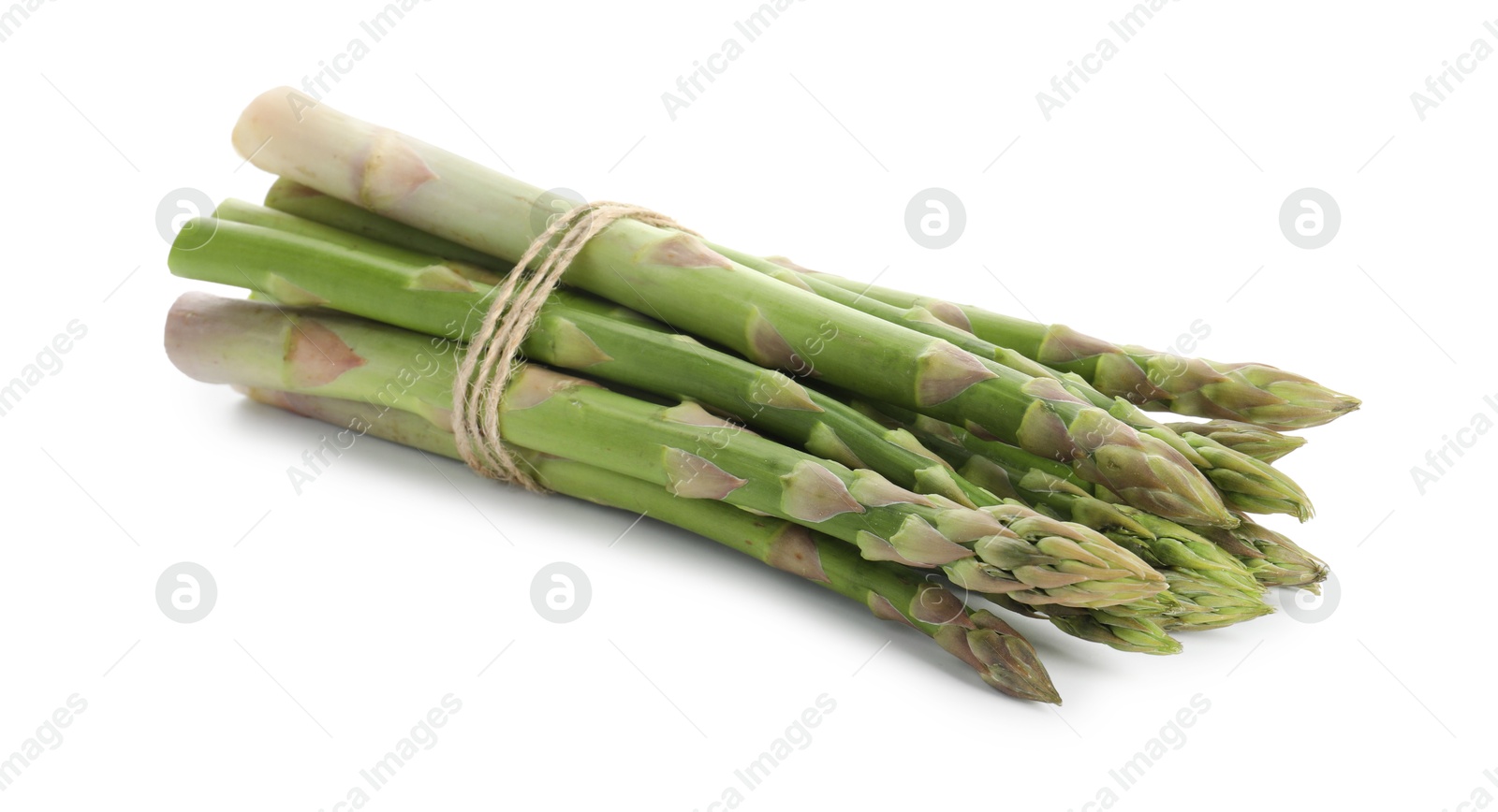 Photo of Bunch of fresh green asparagus stems isolated on white