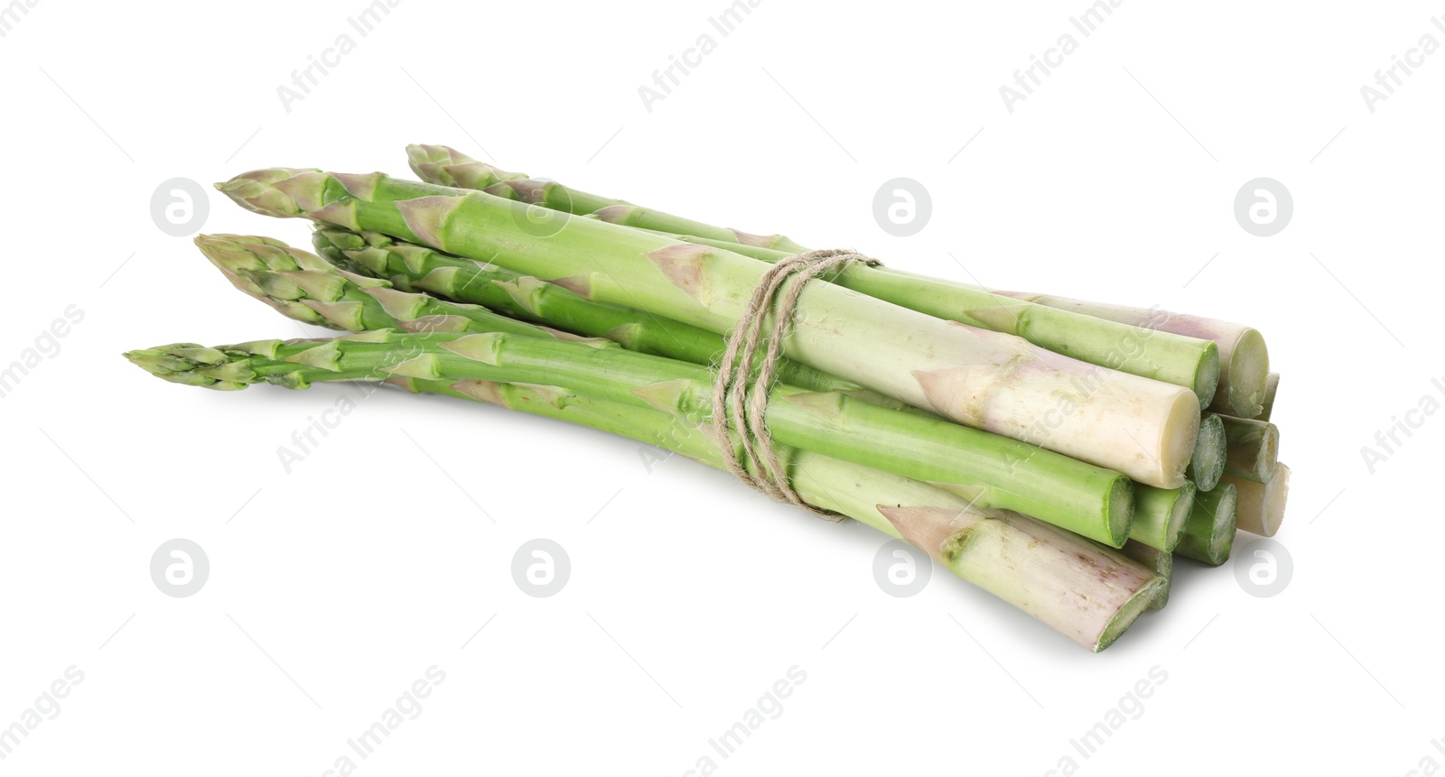 Photo of Bunch of fresh green asparagus stems isolated on white