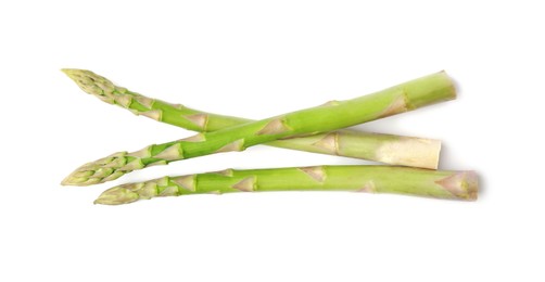 Fresh green asparagus stems isolated on white, top view