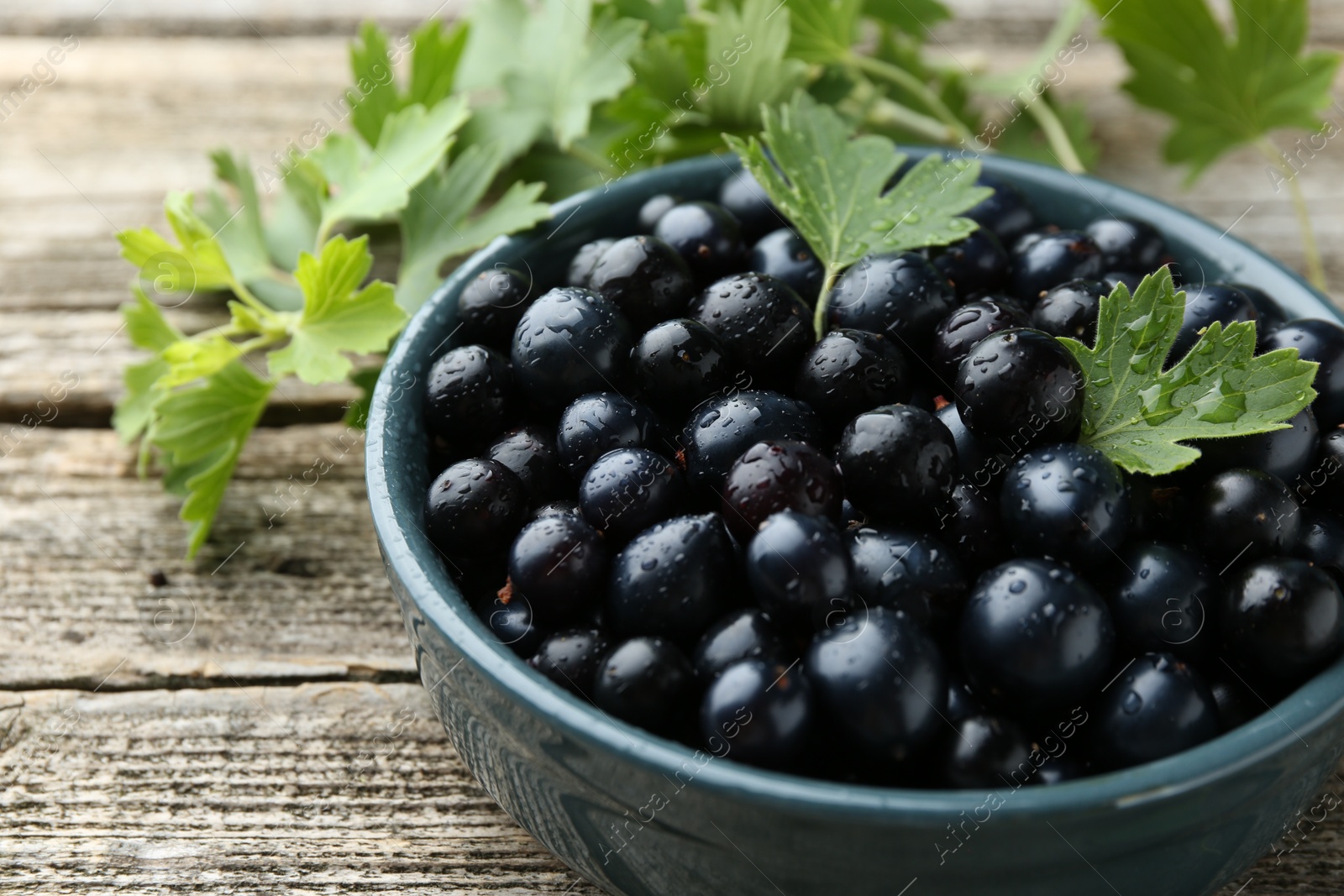 Photo of Ripe blackcurrants in bowl and green leaves on wooden table, closeup