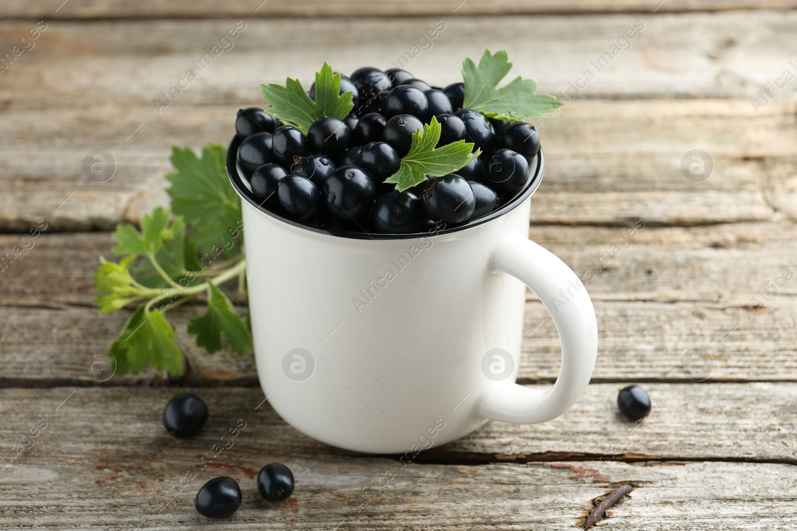 Photo of Ripe blackcurrants in mug and green leaves on wooden table