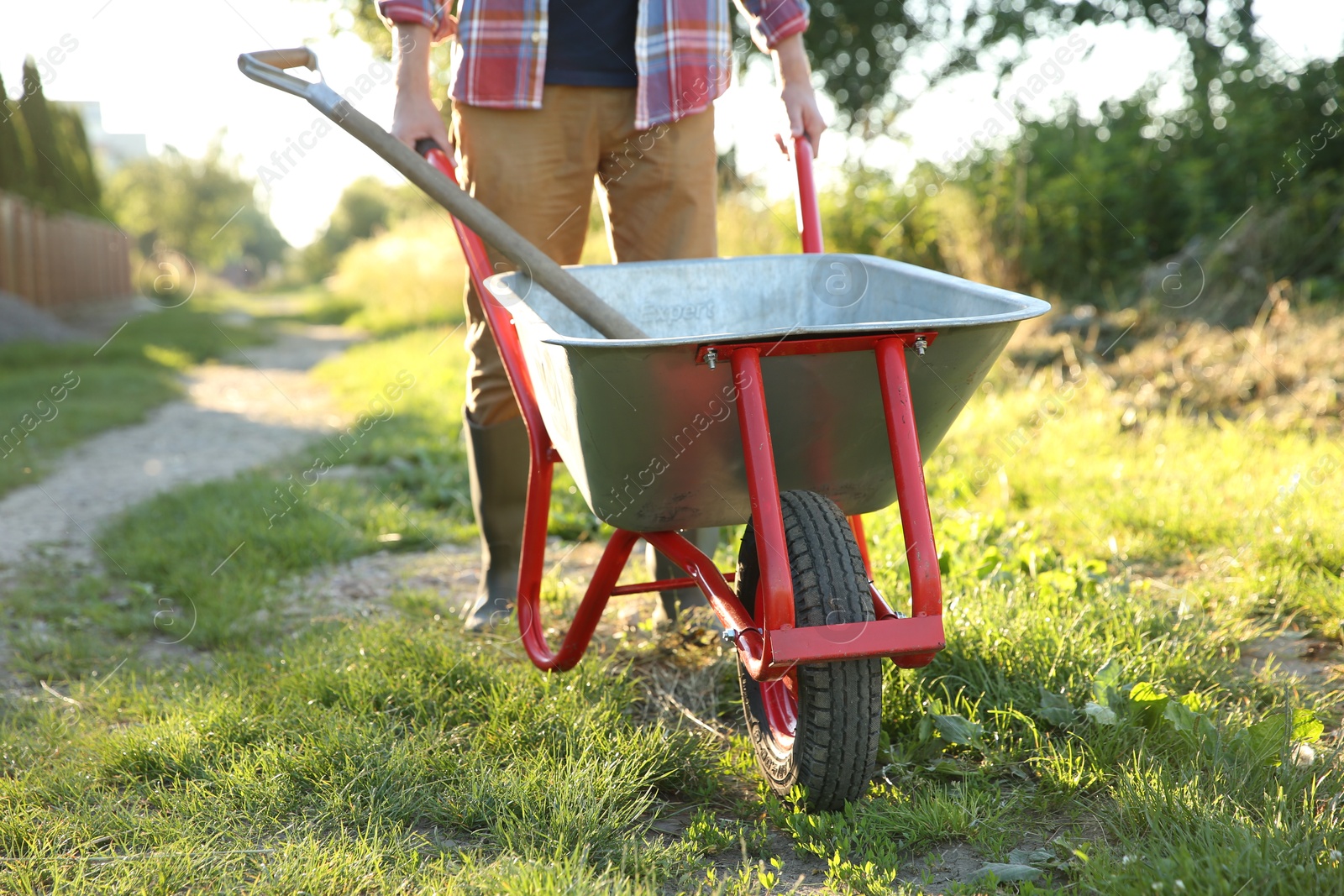 Photo of Farmer with wheelbarrow outdoors on sunny day, closeup