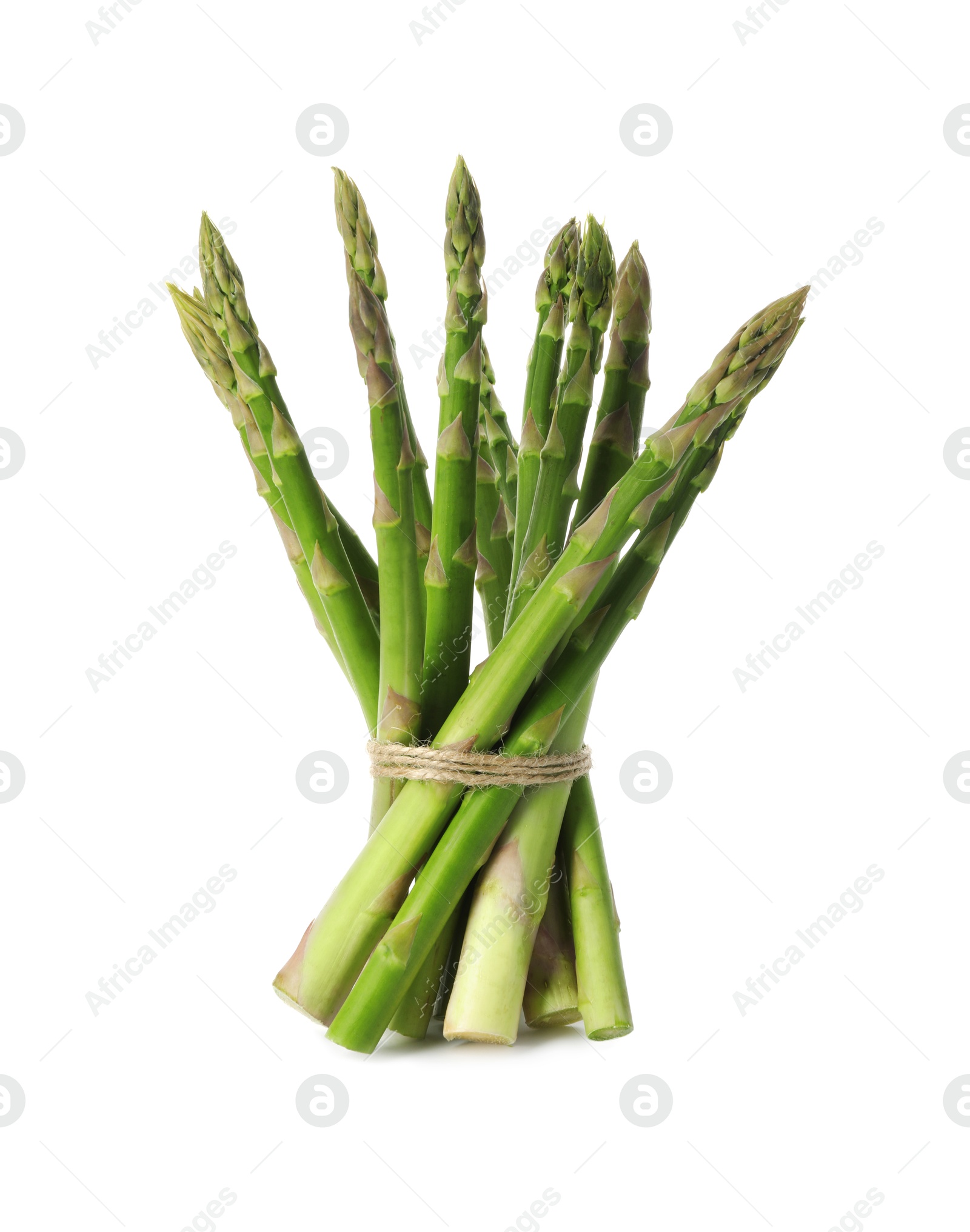 Photo of Bunch of fresh green asparagus stems isolated on white