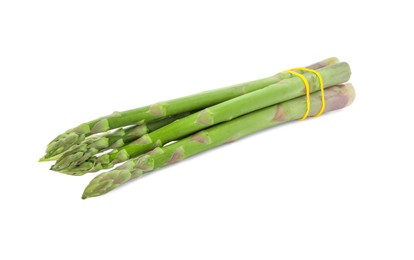 Bunch of fresh green asparagus stems on white background