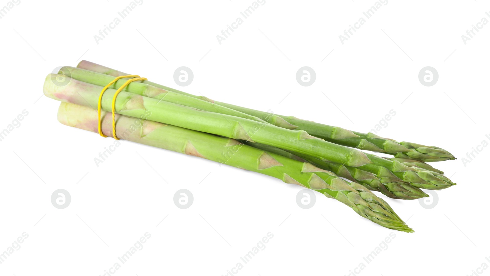 Photo of Bunch of fresh green asparagus stems on white background